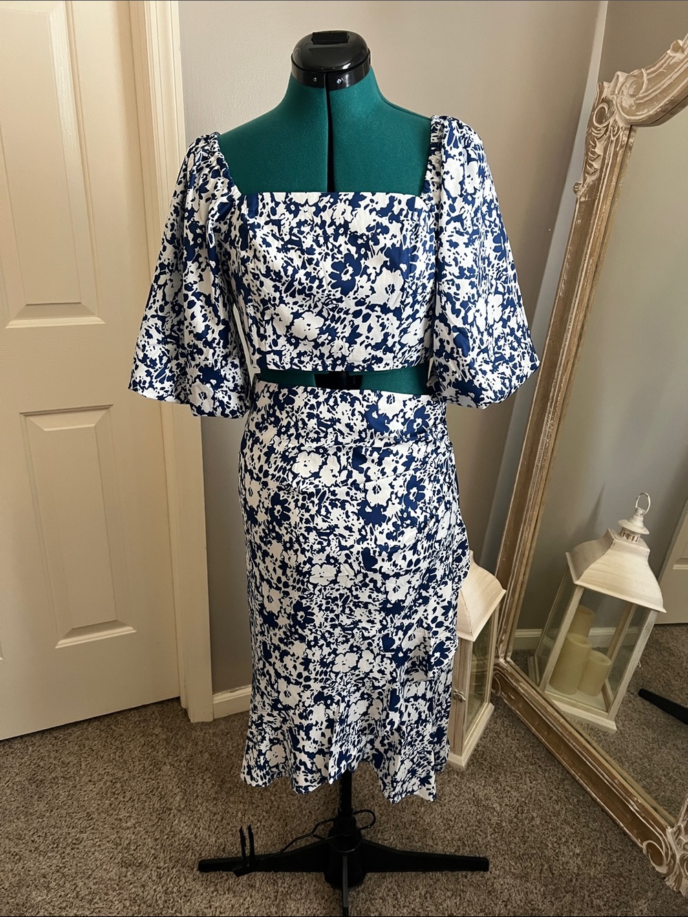 Pink Lily Blue & White Floral Square-Neck top and Midi Skirt